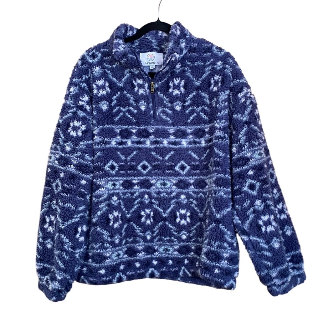 Fair Isle Sherpa Fleece Blue Pullover Large Boho Granola Gorpcore Western Hiking